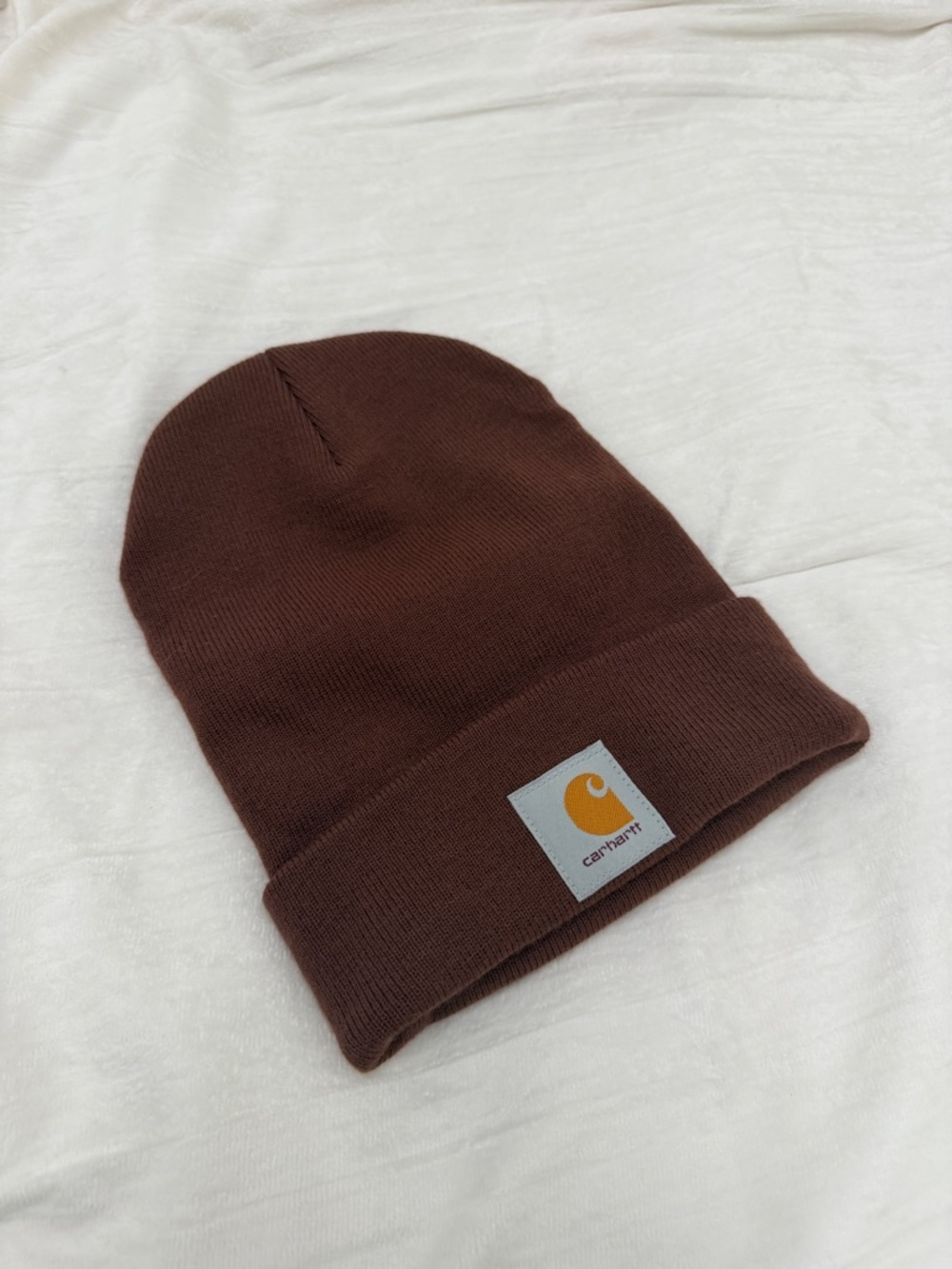Carhartt Brown Cuffed Knit Beanie with Gold Logo Patch